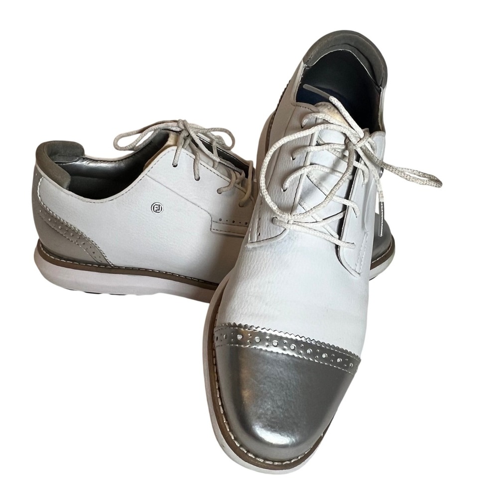 FootJoy Traditions Golf Shoes Mens 8.5 White Silver Metallic Cap Toe 98238